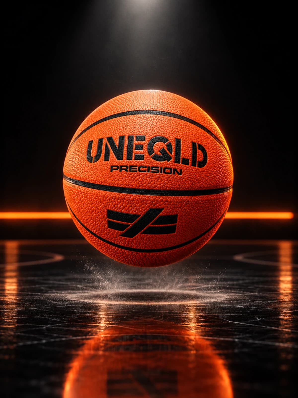 UNEQLD Precision basketball suspended above a black indoor court