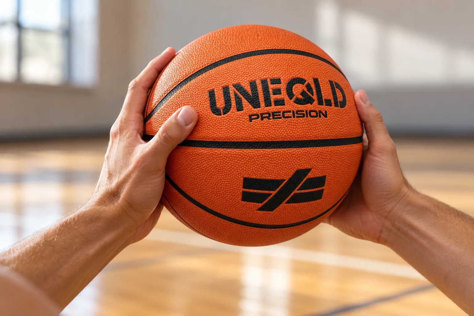 Hands catching the UNEQLD Precision basketball on an indoor court