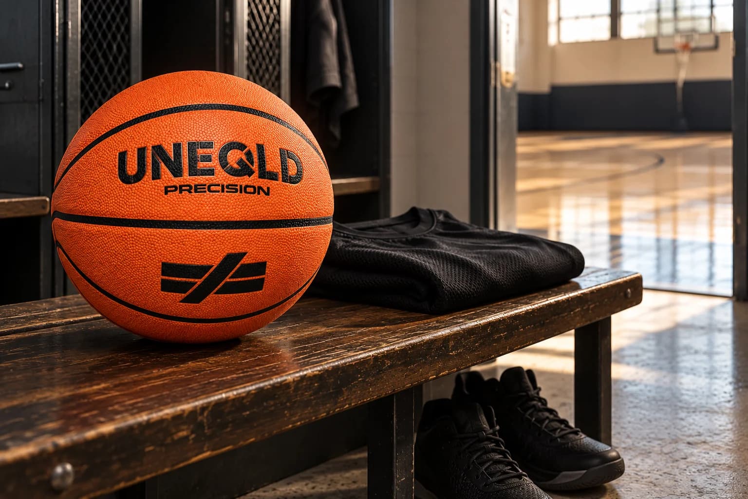 UNEQLD Precision basketball on a player bench with practice gear