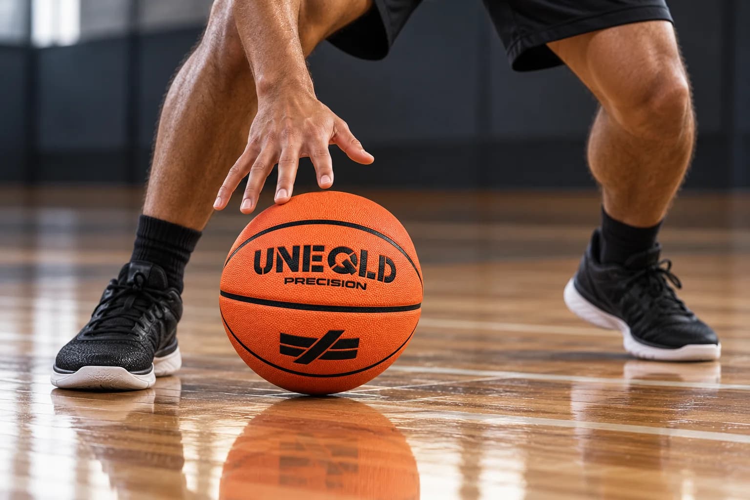 Player dribbling the UNEQLD Precision basketball on an indoor court