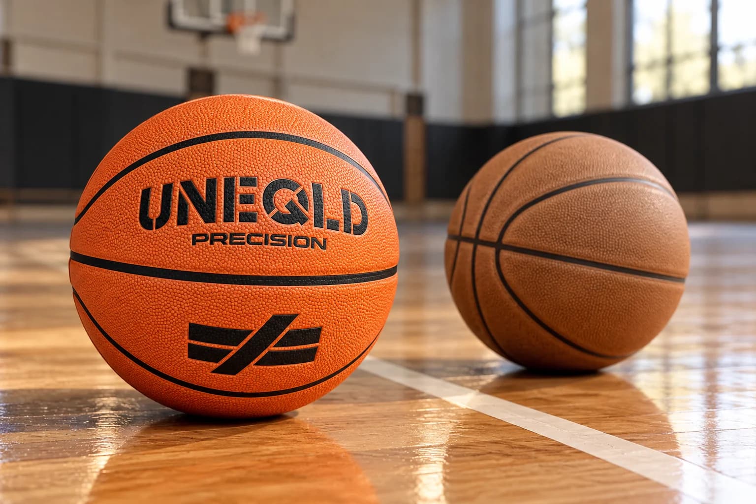 UNEQLD Precision beside an unbranded indoor basketball for comparison
