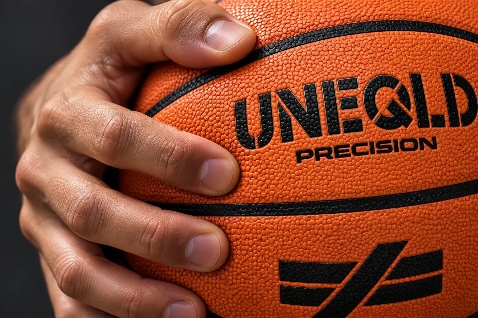 Fingertips gripping the textured UNEQLD Precision basketball